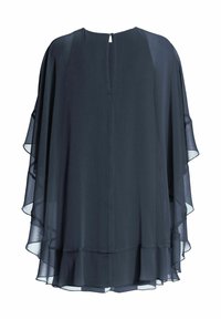 Chiffon-Oberteil in Dunkelblau mit lockerem Schnitt, fallenden Rüschenärmeln, rundem Ausschnitt und einem Schlüsselloch am Rücken mit Hakenverschluss.