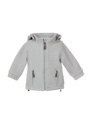 Hellgraue Fleecejacke mit Kapuze. Verfügt über einen Reißverschluss vorne, zwei Seitentaschen und verstellbare Kordeln am Saum. Weicher Stoff.