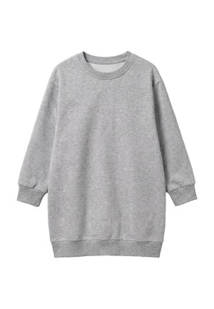 Sweat-shirt long gris clair à col rond avec poignets et ourlet côtelés, présenté sur fond blanc.