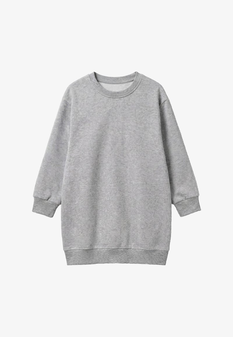 Sweat-shirt long gris clair à col rond avec poignets et ourlet côtelés, présenté sur fond blanc.