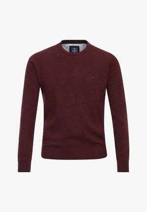 Bordowy sweter z miękkiego materiału, z okrągłym dekoltem, długimi rękawami oraz ściągaczami przy mankietach i u dołu. Małe logo na piersi.