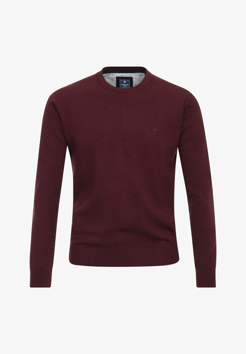 Bordeauxfarbener Pullover aus weichem Stoff, mit rundem Ausschnitt, langen Ärmeln und gerippten Bündchen und Saum. Kleines Logo auf der Brust.
