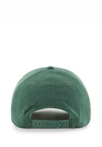 Green corduroy cap featuring a rounded back, ventilation eyelets, and an adjustable snap closure. Textured fabric is prominent.