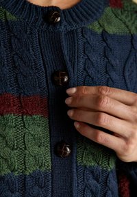 Sveter s pleteným vzorom v námorníckej modrej, zelenkavej a burgundskej farbe. Má textúrované vzory, rebrovaný golier a veľké tmavohnedé gombíky na zapínanie.