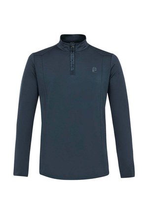 Donkerblauw langmouwpullover met een half-rits kraag, gemaakt van gladde stof. Voorzien van een klein logo op de bovenste linkerborst en gestructureerde accenten.