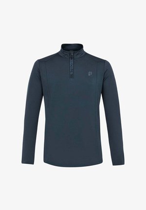 Donkerblauw langmouwpullover met een half-rits kraag, gemaakt van gladde stof. Voorzien van een klein logo op de bovenste linkerborst en gestructureerde accenten.