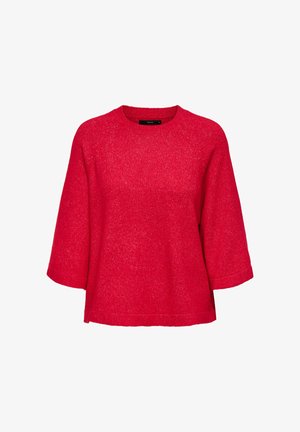 Red, short-sleeve sweater with a round neckline, made of textured knit fabric. Loose fit with a straight hem and no visible hardware.