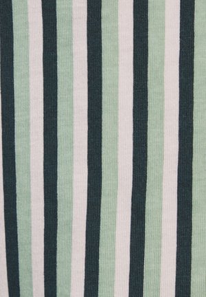Knit fabric featuring vertical stripes in dark green, light green, and pale pink. Smooth texture with consistent pattern and even spacing.