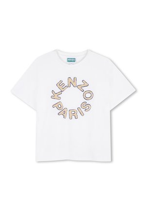 Weißes Baumwoll-T-Shirt mit rundem "KENZO PARIS"-Logo in Beige mit marineblauem Rand, kurzen Ärmeln und Rundhalsausschnitt.