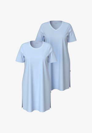 Deux robes décontractées bleu clair, l'une avec un col rond et l'autre avec un col en V, toutes deux à manches courtes et longueur genou avec des fentes latérales.