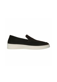 Black slip-on shoes with a soft suede upper and white rubber sole. Features a minimalist design with no visible hardware or patterns.