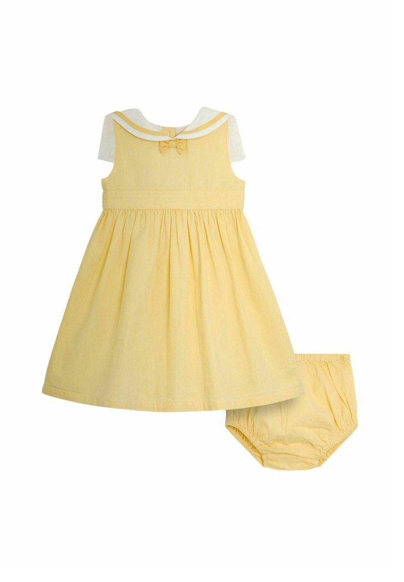 Geel jurk met een wijde rok, witte matrozenkraag en strikdetail aan de achterkant; inclusief bijpassende bloomer met elastische taille.