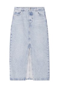 Vaaleansininen farkuhame, jossa on edessä halkio, viisi taskua ja vyölenkit. Hameessa on klassinen suora leikkaus ja haalistunut pinta.