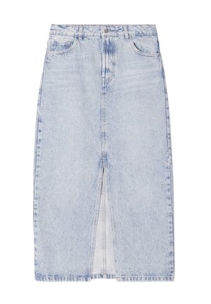 Vaaleansininen farkuhame, jossa on edessä halkio, viisi taskua ja vyölenkit. Hameessa on klassinen suora leikkaus ja haalistunut pinta.