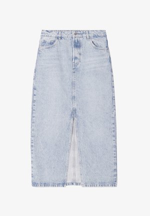 Vaaleansininen farkuhame, jossa on edessä halkio, viisi taskua ja vyölenkit. Hameessa on klassinen suora leikkaus ja haalistunut pinta.