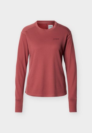 Top de mujer de manga larga y cuello redondo en color rosa empolvado con logo en el pecho izquierdo, hecho de tela ligera, mostrado sobre fondo blanco.