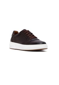 Brązowe skórzane sneakersy z brązowymi sznurówkami, białą gumową podeszwą, okrągłym noskiem i przeszywanymi detalami. Gładka tekstura z nowoczesnym wzornictwem.