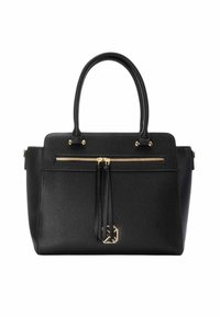 Bolso de piel negra con textura de grano, acentos en hardware dorado, cierre superior con cremallera y dobles asas. Cuenta con un bolsillo frontal con cremallera y detalle de borlas.