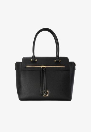 Borsa a mano in pelle nera con una texture a granulato, dettagli in oro, chiusura con zip superiore e doppi manici. Presenta una tasca frontale con zip e dettagli con nappina.