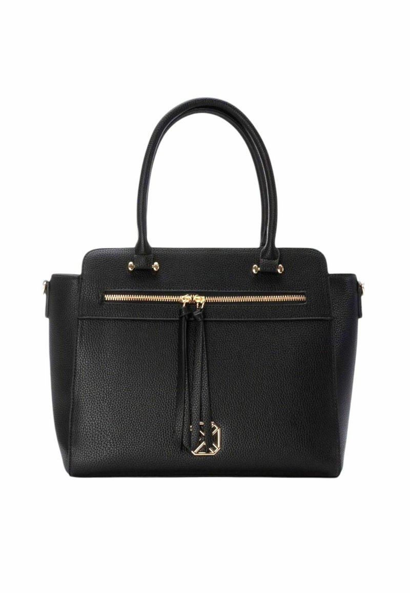 Bolso de piel negra con textura de grano, acentos en hardware dorado, cierre superior con cremallera y dobles asas. Cuenta con un bolsillo frontal con cremallera y detalle de borlas.