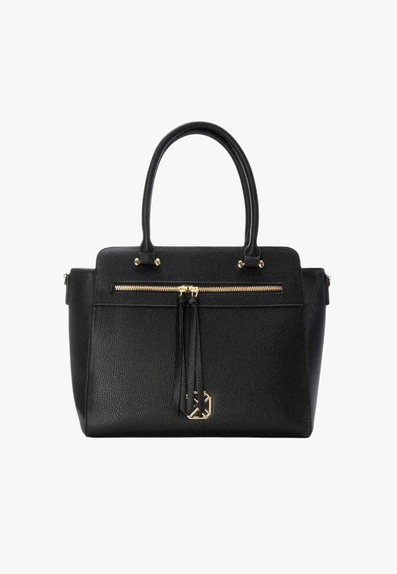 Borsa a mano in pelle nera con una texture a granulato, dettagli in oro, chiusura con zip superiore e doppi manici. Presenta una tasca frontale con zip e dettagli con nappina.