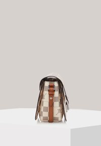 Beige and brown checkered leather handbag with a brown strap and silver hardware, features a structured design and multiple compartments.