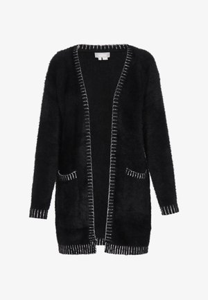 Must must cardigan V-kaelusega, mis on must ja karvane, valge õmblusega äärealadel ja taskutel. Pikad varrukad, pehme tekstuur, lõdvem lõige.