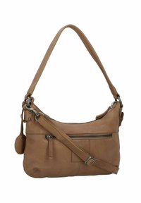 Borsa a spalla di pelle color cuoio con una sola tracolla, chiusura con zip, tasca frontale e dettagli metallici. Texture liscia con una forma strutturata.