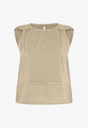 Vaaleanbeige hihaton paita, jossa on pyöreä kaula-aukko, taitetut olkapäädesign ja kaareva helma. Valmistettu pehmeästä, kevyestä kankaasta.