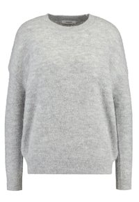 Hellgrauer übergroßer Pullover mit rundem Ausschnitt, langen Ärmeln und geripptem Saum. Hergestellt aus weichem, strukturiertem Stoff für Komfort und Wärme.