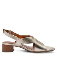 Sandál z kovově zlaté kůže s otevřenou špičkou, páskem na patě, překříženým designem a nízkým dřevěným blokovým podpatkem na bílém pozadí.