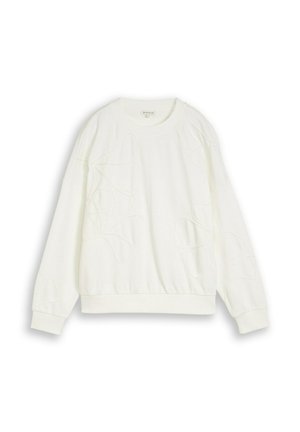 Weißes Sweatshirt mit langen Ärmeln und Rundhalsausschnitt, mit dezenten abstrakten Stickmustern auf Vorderseite und Ärmeln, flach auf weißem Hintergrund ausgebreitet.