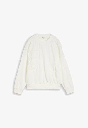 Weißes Sweatshirt mit langen Ärmeln und Rundhalsausschnitt, mit dezenten abstrakten Stickmustern auf Vorderseite und Ärmeln, flach auf weißem Hintergrund ausgebreitet.