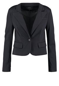 Blazer noir cintré pour femme avec manches longues, un bouton devant, revers crantés et deux poches à rabat.