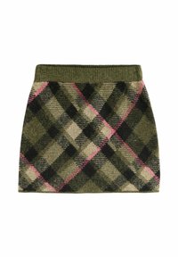 Strick-Minirock mit kariertem Muster in Olivgrün, Schwarz, Beige und Pink sowie einem gerippten elastischen Bund.