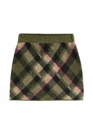 Knit mini skirt with olive green, black, beige, and pink plaid pattern and a ribbed elastic waistband.