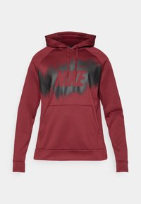 Bordo Nike gobtuvė su juodu purškiamu efektu per krūtinę, ant kurios yra Nike logotipas ir priekinė kengūros kišenė.