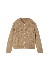 Beige knitted cardigan with a collar, featuring a diamond pattern, button closure, and ribbed cuffs. Textured, warm material.