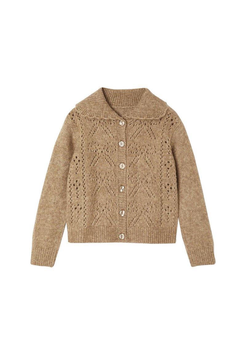 Beige knitted cardigan with a collar, featuring a diamond pattern, button closure, and ribbed cuffs. Textured, warm material.