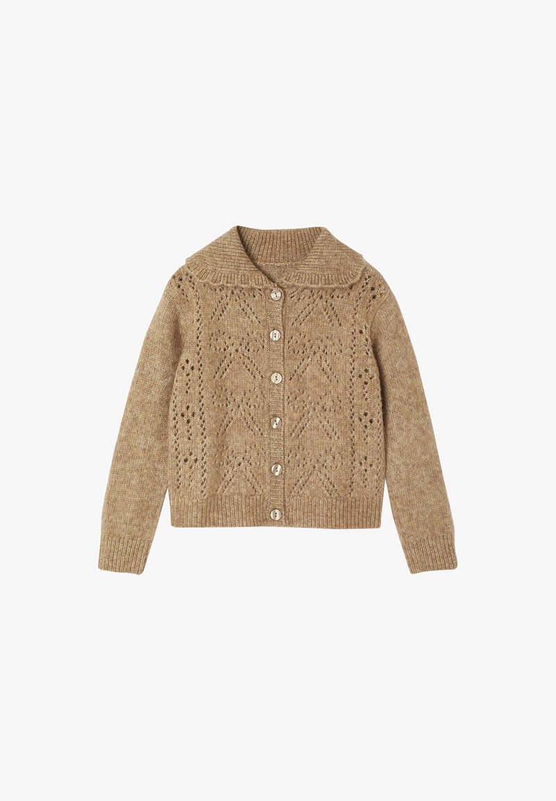 Beige knitted cardigan with a collar, featuring a diamond pattern, button closure, and ribbed cuffs. Textured, warm material.