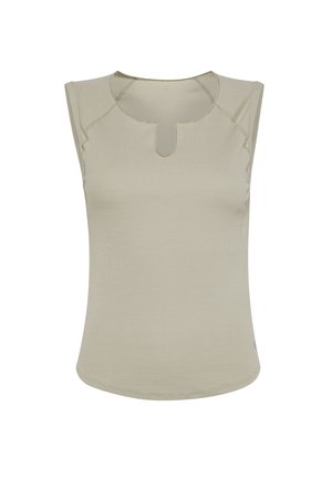 Beige mouwloos geribd topje met een ronde hals en een kleine inkeping aan de voorkant in het midden.