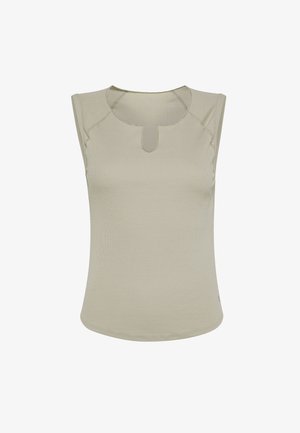 Beige mouwloos geribd topje met een ronde hals en een kleine inkeping aan de voorkant in het midden.