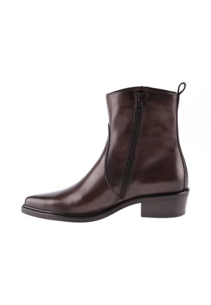 Dunkelbrauner Leder-Stiefelette mit seitlichem Reißverschluss, spitzer Zehenpartie, niedrigem Blockabsatz und Zuglasche hinten.