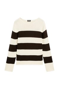 Knitted pullover sweater featuring cream and dark brown horizontal stripes, wide neckline, and long sleeves. Soft texture, relaxed fit.