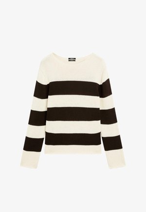Strikket pullovertrøje med cremefarvede og mørkebrune vandrette striber, bred halsudskæring og lange ærmer. Blød tekstur, afslappet pasform.