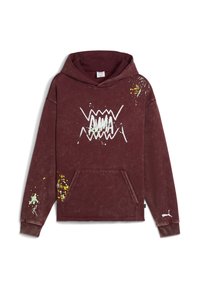 Bordeaux hoodie i bomull med en framficka. Dekorerad med stänk av grön och gul färg, samt vit grafisk text.