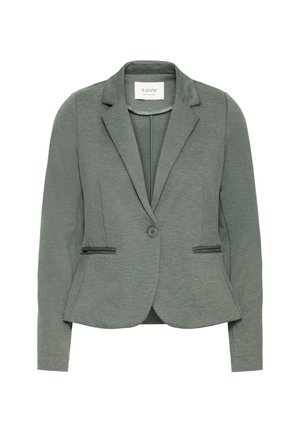 Svetlo siva ženska blazer jakna iz teksturiranega materiala. Ima zapiranje na en gumb, izrezane reverje in dve sprednji žep.