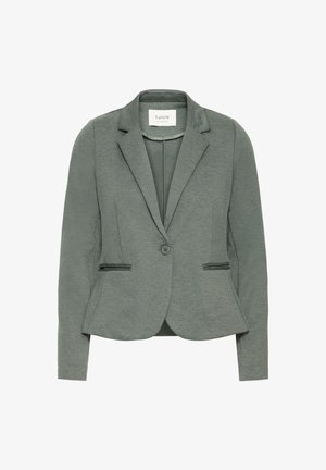 Blazer pour femmes de couleur gris clair, fabriqué en tissu texturé. Il présente une fermeture à un bouton, des revers crantés et deux poches avant.