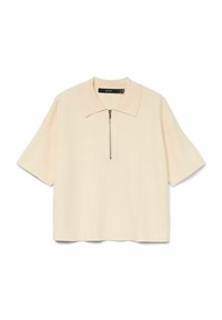 Kortärmad, kragtop i mjuk beige tyg med dragkedja framtill. Enkelt mönster med avslappnad passform och minimalistiska detaljer.