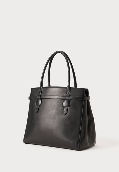 Black leather tote bag with two sturdy handles, a structured shape, smooth texture, and minimalistic design with subtle stitching details.